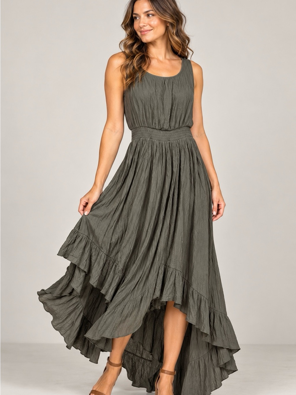 MIA Joy Army Green Tiered Hi Low Boho Dress Size 14 Lace Back